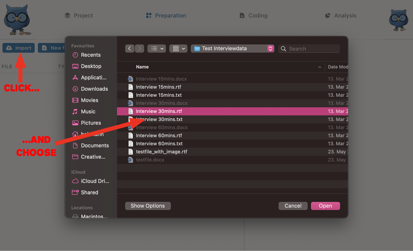 Importing a document file into OpenQDA