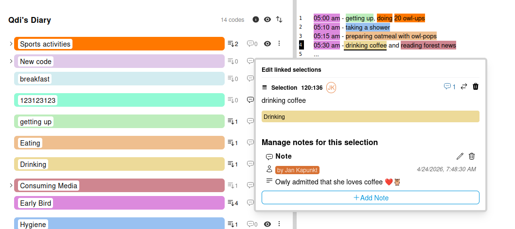 notes in selections menu